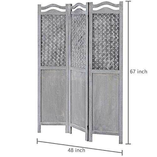 MyGift Vintage Gray Woven 3 Panel Room Divider Screen with Wooden Frame, Privacy Folding Screen Room Divider