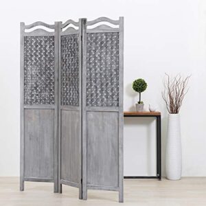 MyGift Vintage Gray Woven 3 Panel Room Divider Screen with Wooden Frame, Privacy Folding Screen Room Divider