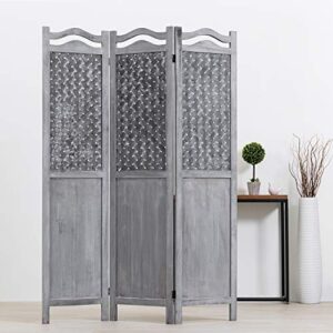 MyGift Vintage Gray Woven 3 Panel Room Divider Screen with Wooden Frame, Privacy Folding Screen Room Divider