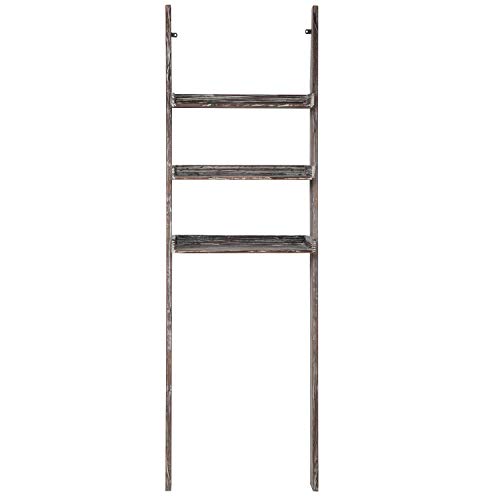 MyGift Over The Toilet Storage Shelves Torched Solid Wood 3 Tier Wall Leaning Ladder Bathroom Organizer Rack for Small Space Bathroom