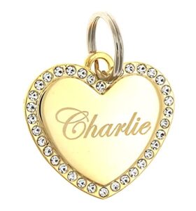custom engraved personalized gold-plated medium heart rhinestones pet jewelry cat dog id tag for casual use