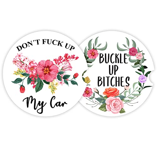 Cute Car Coasters for Cup Holders - 2PCS, Flower Ceramic Car Cup Holder Coaster, Funny Car Accessories for Women Interior, Absorbent Stone Cup Holder Coasters for Car to Keep it Clean Dry w/Cork Base