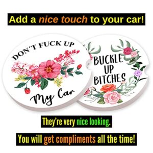 Cute Car Coasters for Cup Holders - 2PCS, Flower Ceramic Car Cup Holder Coaster, Funny Car Accessories for Women Interior, Absorbent Stone Cup Holder Coasters for Car to Keep it Clean Dry w/Cork Base