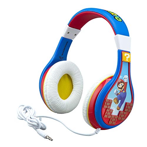 eKids Super Mario Kids Headphones, Adjustable Headband, Stereo Sound, 3.5Mm Jack, Wired Headphones for Kids, Tangle-Free, Volume Control, Childrens Headphones Over Ear for School Home, Travel