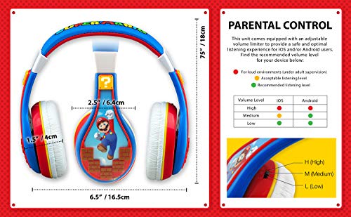 eKids Super Mario Kids Headphones, Adjustable Headband, Stereo Sound, 3.5Mm Jack, Wired Headphones for Kids, Tangle-Free, Volume Control, Childrens Headphones Over Ear for School Home, Travel