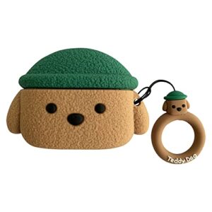 ur sunshine case compatible with airpods pro, super cute creative funny wearing hat teddy dog shape earbud case, soft silicone cover earphone protection skin for airpods pro + ring lanyard -brown