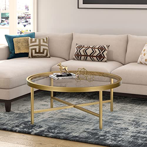 Henn&Hart 36" Wide Round Coffee Table with Glass Top in Brass, Modern coffee tables for living room, studio apartment essentials