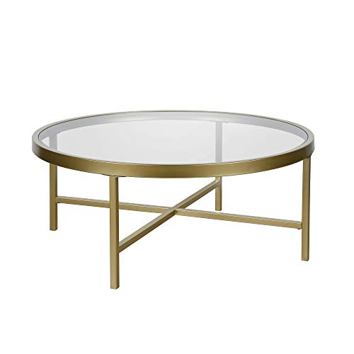 Henn&Hart 36" Wide Round Coffee Table with Glass Top in Brass, Modern coffee tables for living room, studio apartment essentials