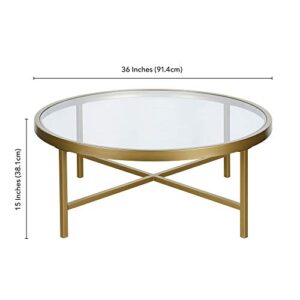 Henn&Hart 36" Wide Round Coffee Table with Glass Top in Brass, Modern coffee tables for living room, studio apartment essentials