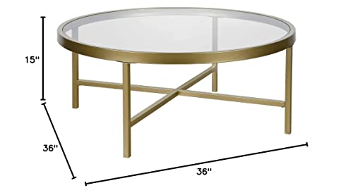 Henn&Hart 36" Wide Round Coffee Table with Glass Top in Brass, Modern coffee tables for living room, studio apartment essentials