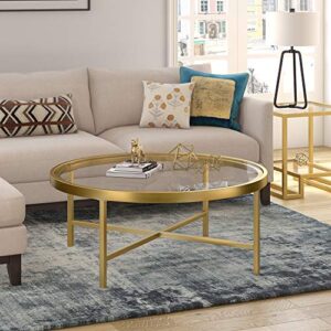 Henn&Hart 36" Wide Round Coffee Table with Glass Top in Brass, Modern coffee tables for living room, studio apartment essentials