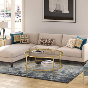 Henn&Hart 36" Wide Round Coffee Table with Glass Top in Brass, Round Coffee Table for living room, studio apartment essentials