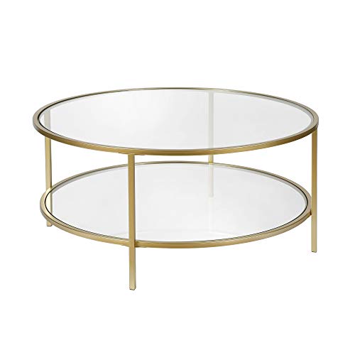 Henn&Hart 36" Wide Round Coffee Table with Glass Top in Brass, Round Coffee Table for living room, studio apartment essentials