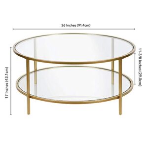 Henn&Hart 36" Wide Round Coffee Table with Glass Top in Brass, Round Coffee Table for living room, studio apartment essentials