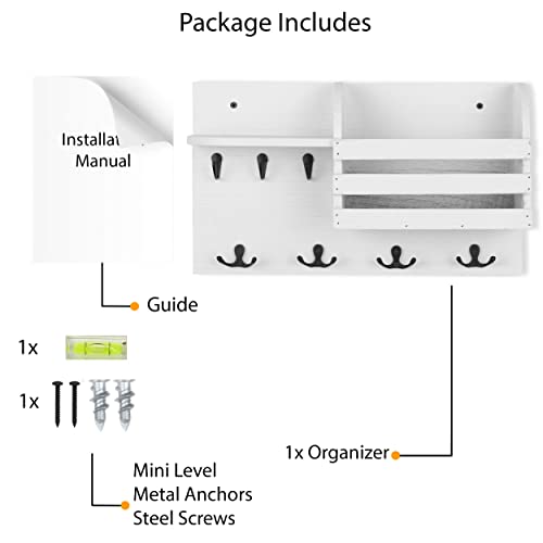 Wallniture Horta Mail & Key Holder for Wall, Farmhouse Decor Coat Rack Entryway Organizer with Hooks for Hanging Face Masks Wood Rustic White