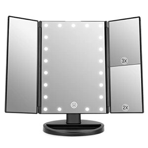 weily makeup mirror with 21 led lights,two power supply, touch screen and 1x/2x/3x magnification tri-fold vanity mirror, gift for women (black)