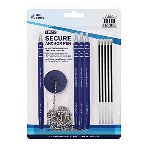 Nadex Ball and Chain Security Pen Set | 4 Pens, 1 Adhesive Mount, and 5 Refills (Blue)