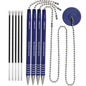 Nadex Ball and Chain Security Pen Set | 4 Pens, 1 Adhesive Mount, and 5 Refills (Blue)