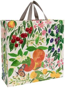blue q shopper, orchard. reusable grocery bag, sturdy, easy-to-clean, made from 95% recycled material, features both hand and shoulder straps, 15" h x 16" w x 6" d