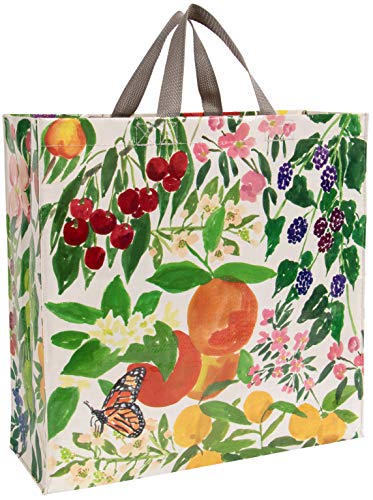 Blue Q Shopper, Orchard. Reusable grocery bag, sturdy, easy-to-clean, made from 95% recycled material, features both hand and shoulder straps, 15" h x 16" w x 6" d