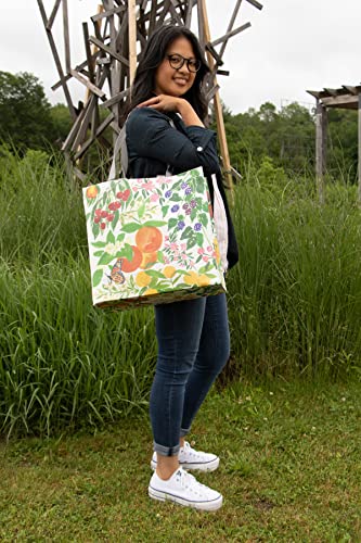 Blue Q Shopper, Orchard. Reusable grocery bag, sturdy, easy-to-clean, made from 95% recycled material, features both hand and shoulder straps, 15" h x 16" w x 6" d