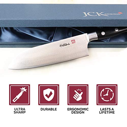 JCK ORIGINAL Hattori Japanese Chef’s Knife, FH-4L Professional Santoku Knife, VG-10 Cobalt Steel Pro Kitchen Knife with Ergonomic Black Linen Micarta Handle, 6.6 inch