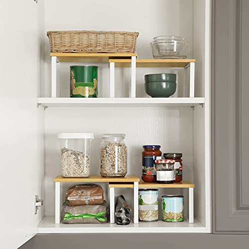 SONGMICS Cabinet Shelf Organizers, Set of 4 Kitchen Counter Shelves, Stackable, Expandable Spice Racks, Metal and Wood, White and Natural UKCS010N01