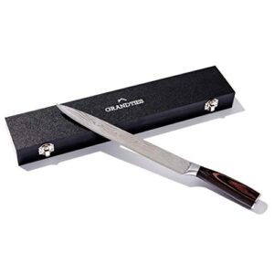 grandties damascus style slicing carving knife - 10 inch full tang high carbon german stainless steel brisket kitchen knives - long slicer & carver - ergonomic pakkawood handle - with gift box