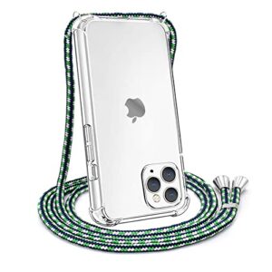 yespure crossbody case for iphone 11 pro,transparent soft slim tpu case for iphone 11 pro clear anti-yellowing shockproof phone case with adjustable neck cord lanyard strap - green-blue-white