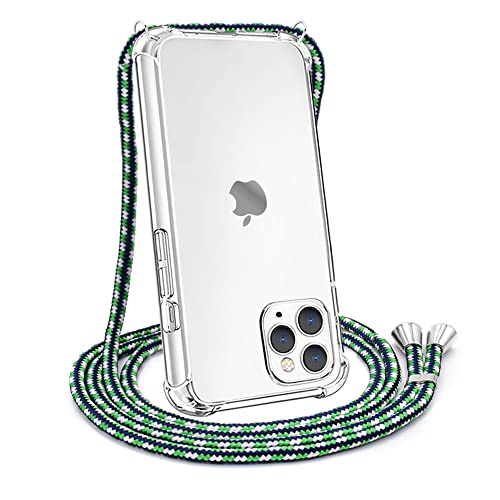 YESPURE Crossbody Case for iPhone 11 Pro,Transparent Soft Slim TPU Case for iPhone 11 Pro Clear Anti-Yellowing Shockproof Phone Case with Adjustable Neck Cord Lanyard Strap - Green-Blue-White