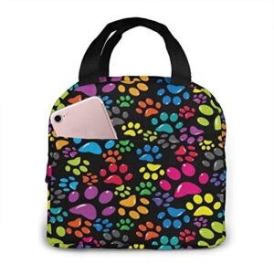 colorful dog paw print insulated neoprene lunch bag for women, men, lunch tote for work