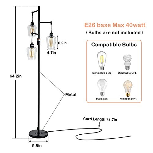 Airposta 3 Lights Industrial Floor Lamp with On/Off Dimmable Switch, 3-Head Rustic Tree Standing Lamp, 40W Retro Torchiere Floor Light for Living Room, Reading, Office, Bedroom, 2-Years Warranty