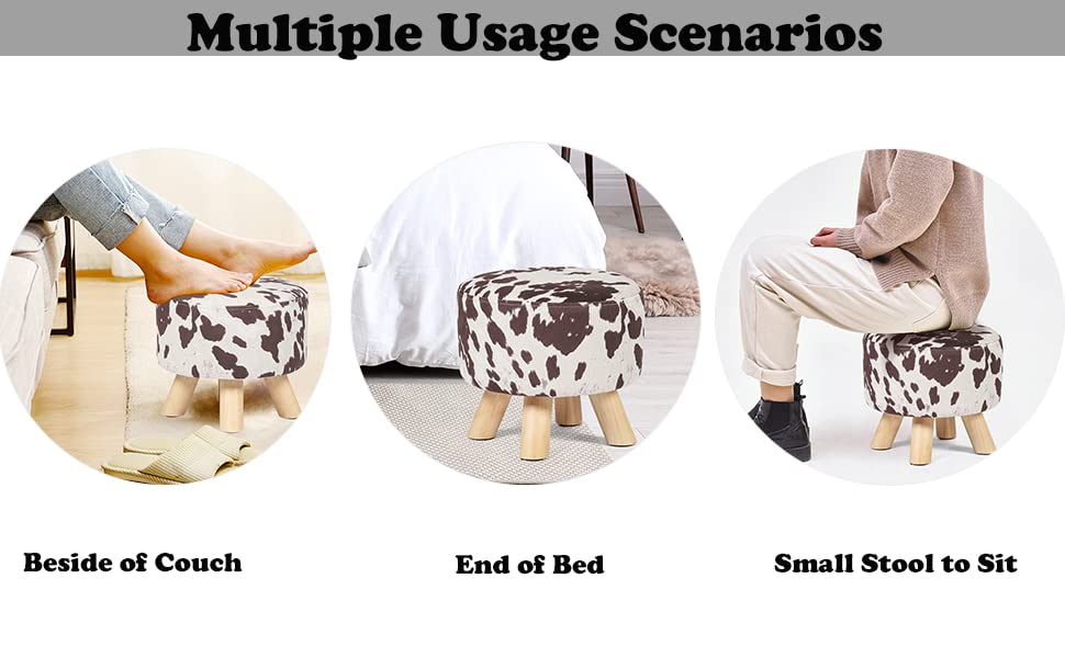 Homebeez Round Ottoman Stool Velvet Foot Rest, Small Footstool with Non-Skid Legs (Brown Cow)