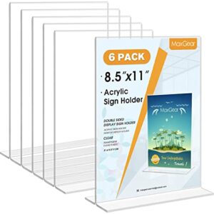 maxgear 8.5 x 11 acrylic sign holder 6 pack, clear table paper display stand double sided menu flyer holder vertical picture frame plastic plexi sign holders for office, store, restaurants, hotels