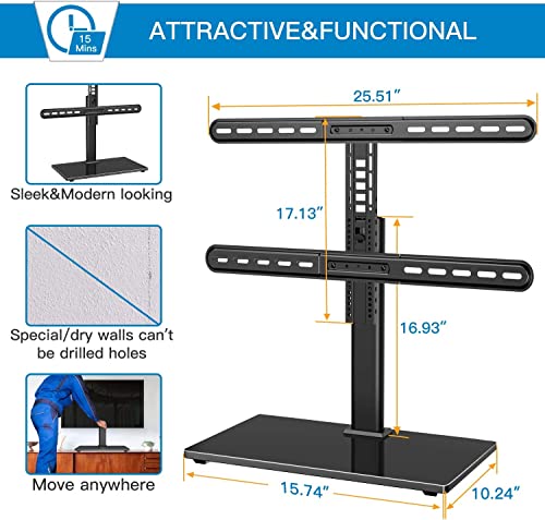 PERLESMITH Universal Swivel TV Stand-Table Top TV Stand Base for 37-70 inch LCD OLED Flat Screen 4K TVs Height Adjustable TV Stand Mount with Heavy Duty Tempered Glass Base VESA 600x400mm