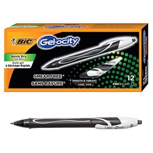 bic gel-ocity quick dry gel pen, fine point (0.5mm) - box of 12 black gel pens