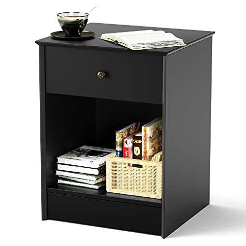 SRIWATANA Nightstand, 2-Tier Bedside Table with Drawer, Modern End Table, Black