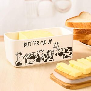 Lumicook porcelain butter dish with lid, Natural bamboo lid, seal included for airtight butter dish, butter holder easily fits 2 sticks of butter (White)