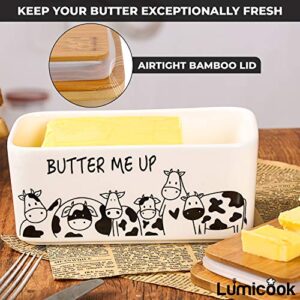 Lumicook porcelain butter dish with lid, Natural bamboo lid, seal included for airtight butter dish, butter holder easily fits 2 sticks of butter (White)