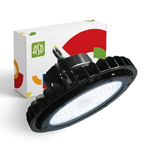 asd ufo led high bay light 150w 19,479lm 5000k, 1-10v dimmable, 120-277v, commercial warehouse area light waterproof ip69k eqw.500w mh/hps, safety rope included, ul & dlc premium listed