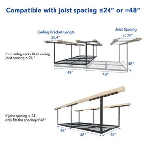 FLEXIMOUNTS 4x8 Overhead Garage Storage Rack w/Hooks Adjustable Ceiling Storage Rack, 96" Length x 48" Width x 40" Height, 22''-40" Ceiling Dropdown, Black