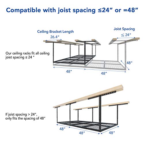 FLEXIMOUNTS 4x8 Overhead Garage Storage Rack w/Hooks Adjustable Ceiling Storage Rack, 96" Length x 48" Width x 40" Height, 22''-40" Ceiling Dropdown, Black