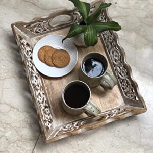 Gorgeous Birthday Housewarming Gift Ideas Handmade Decorative Designer Wood Serving Tray with Handles Ottoman Fruit Tray Breakfast Snack Food Coffee Tray Dining Kitchen Tableware 15 x 12 Inches