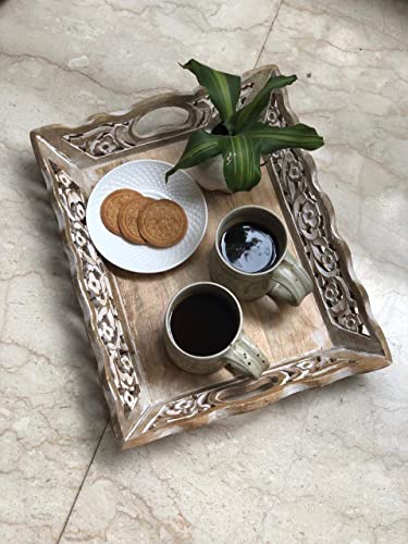 Gorgeous Birthday Housewarming Gift Ideas Handmade Decorative Designer Wood Serving Tray with Handles Ottoman Fruit Tray Breakfast Snack Food Coffee Tray Dining Kitchen Tableware 15 x 12 Inches