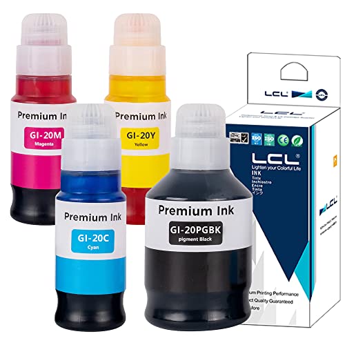 LCL Compatible Ink Bottle Replacement for Canon GI20 GI-20 GI-20PGBK GI-20BK GI-20C GI-20M GI-20Y PPIXMA G5020 G6020 G7020 (4-Pack Black Cyan Magenta Yellow)