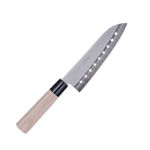 Hinomaru Collection Sekizo Japan Quality Stainless Steel Santoku Multi Purpose Chefs Knife 11.75" Itamae Sushi Chef Knife With Wooden Handle Made In Japan (Blade with Holes)