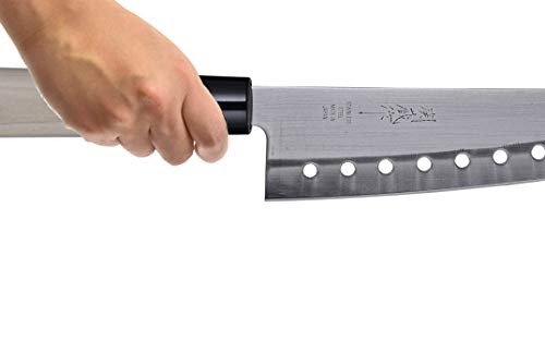 Hinomaru Collection Sekizo Japan Quality Stainless Steel Santoku Multi Purpose Chefs Knife 11.75" Itamae Sushi Chef Knife With Wooden Handle Made In Japan (Blade with Holes)