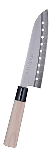 Hinomaru Collection Sekizo Japan Quality Stainless Steel Santoku Multi Purpose Chefs Knife 11.75" Itamae Sushi Chef Knife With Wooden Handle Made In Japan (Blade with Holes)