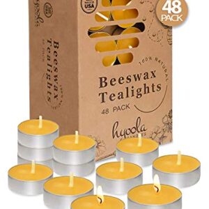 HYOOLA Beeswax Tealight Candles in Aluminum Cup - 48 Pack - 100% Pure Natural Beeswax Candles