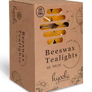 HYOOLA Beeswax Tealight Candles in Aluminum Cup - 48 Pack - 100% Pure Natural Beeswax Candles